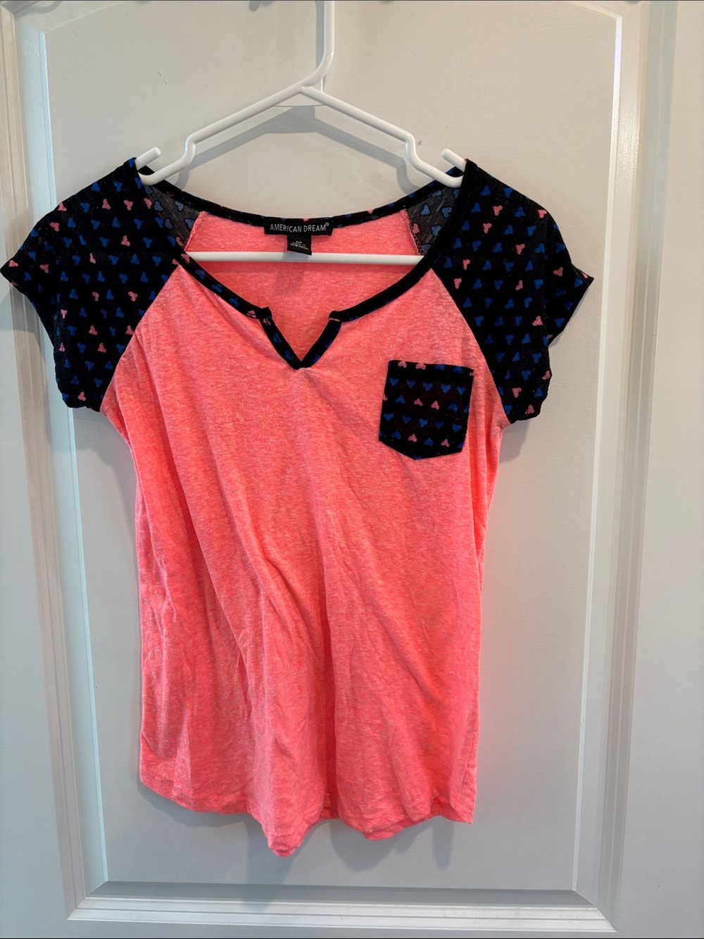 American Dream Neon Pink Raglan Tee with Navy Heart Accents